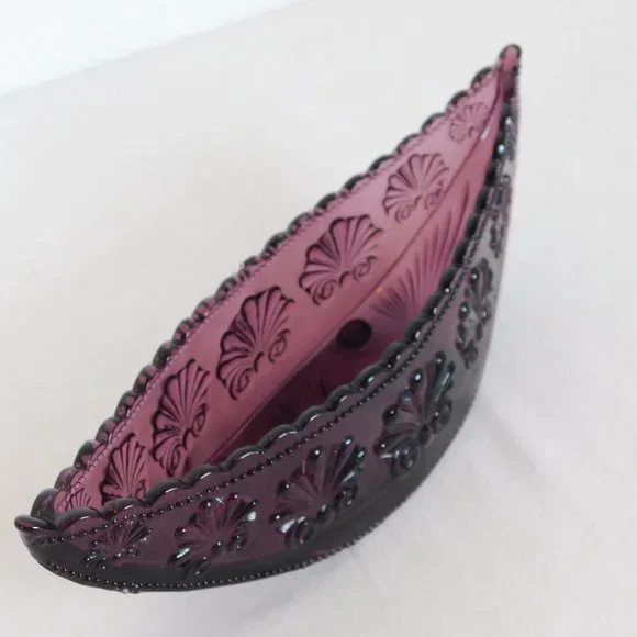 Amethyst Pressed Glass Console Bowl Half Moon Shell Scroll Starburst Vintage - Picture 6 of 8